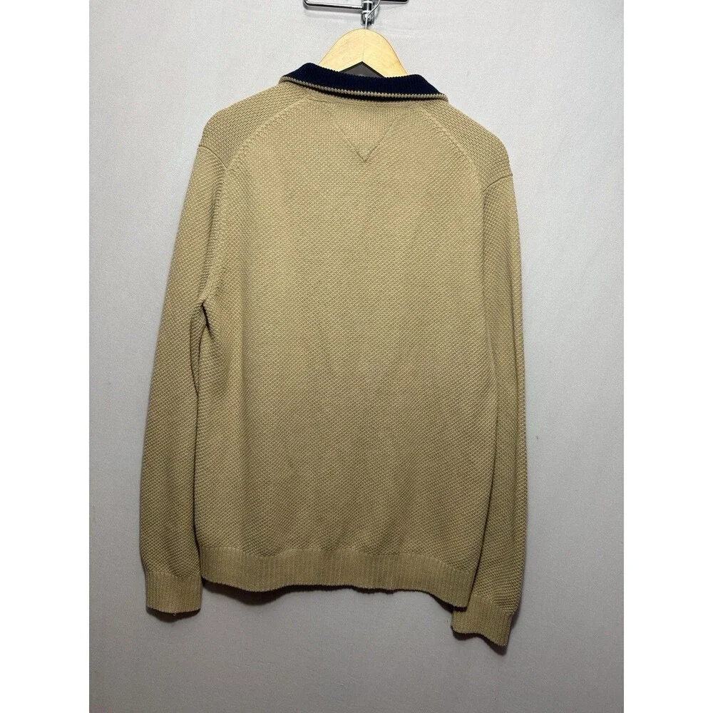 Tommy Hilfiger Quarter Zip Sweater Mens L Beige Tan Navy Collar Flag Logo Knit